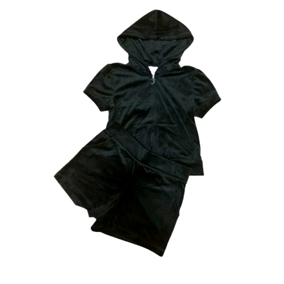 Juicy Couture Velvet Velour Black Outfit Lounge Set Shorts Zip Hoodie L $179 NWT - Picture 3 of 6